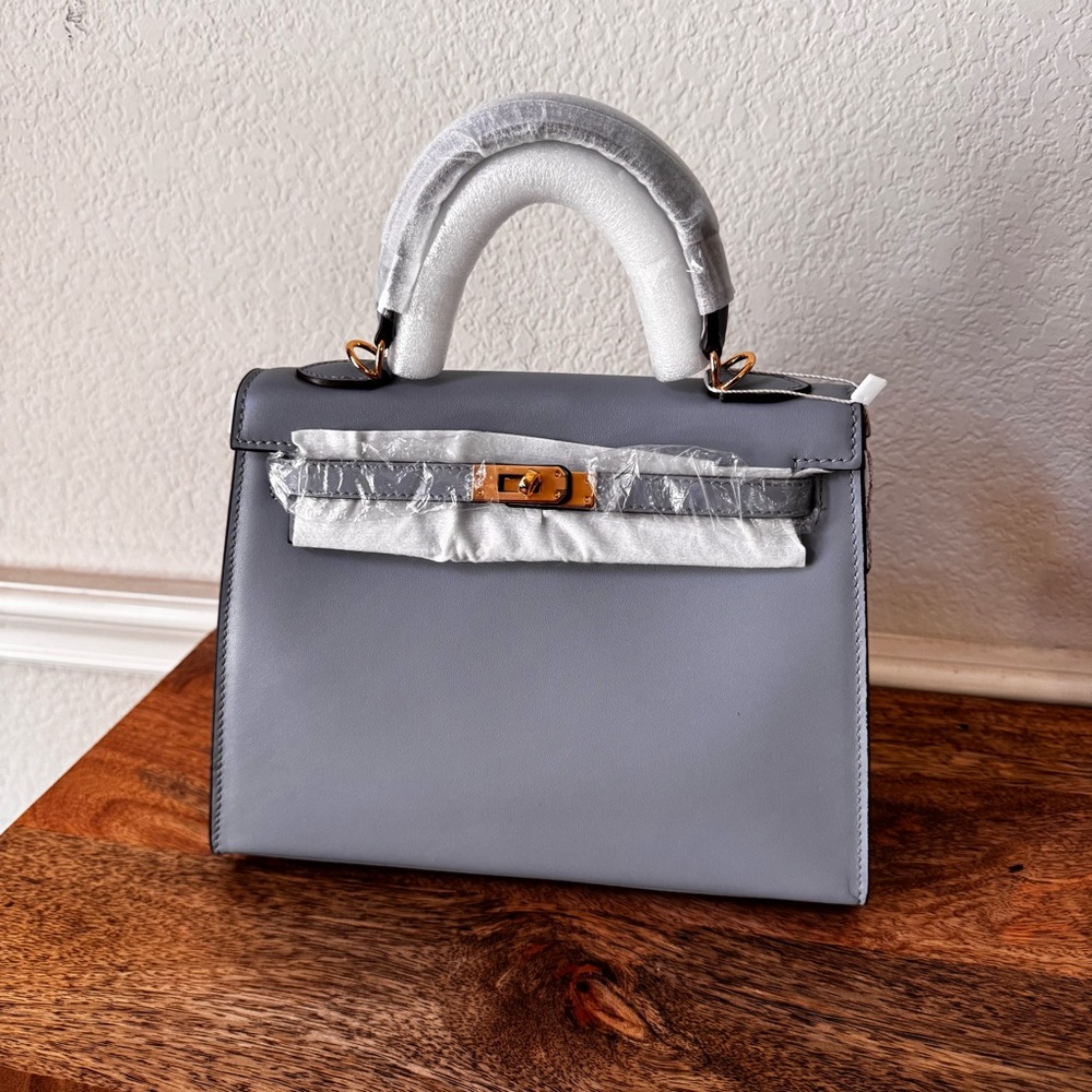 LEATHER INSIDE & OUT | Light Blue Mini 25 Sellier KL Top Handle w/ Gold HW S17 - Picture 2 of 13